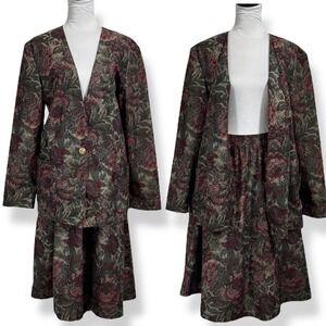 Vintage Dark Floral Print Blazer Skirt‎ Suit Set Size 10 Lightweight Whimsigoth